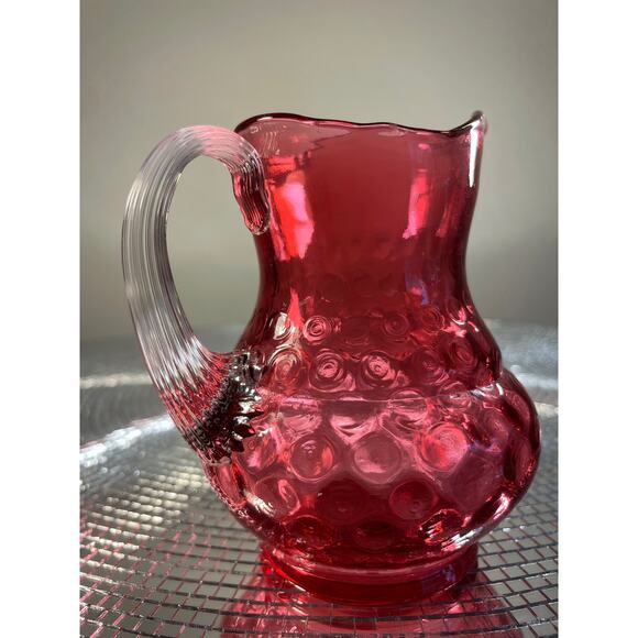 Vintage Cranberry Glass Coin Dot Thumbprint Pitcher W/ Clear Ribbed Bud Vase - Picture 4 of 13